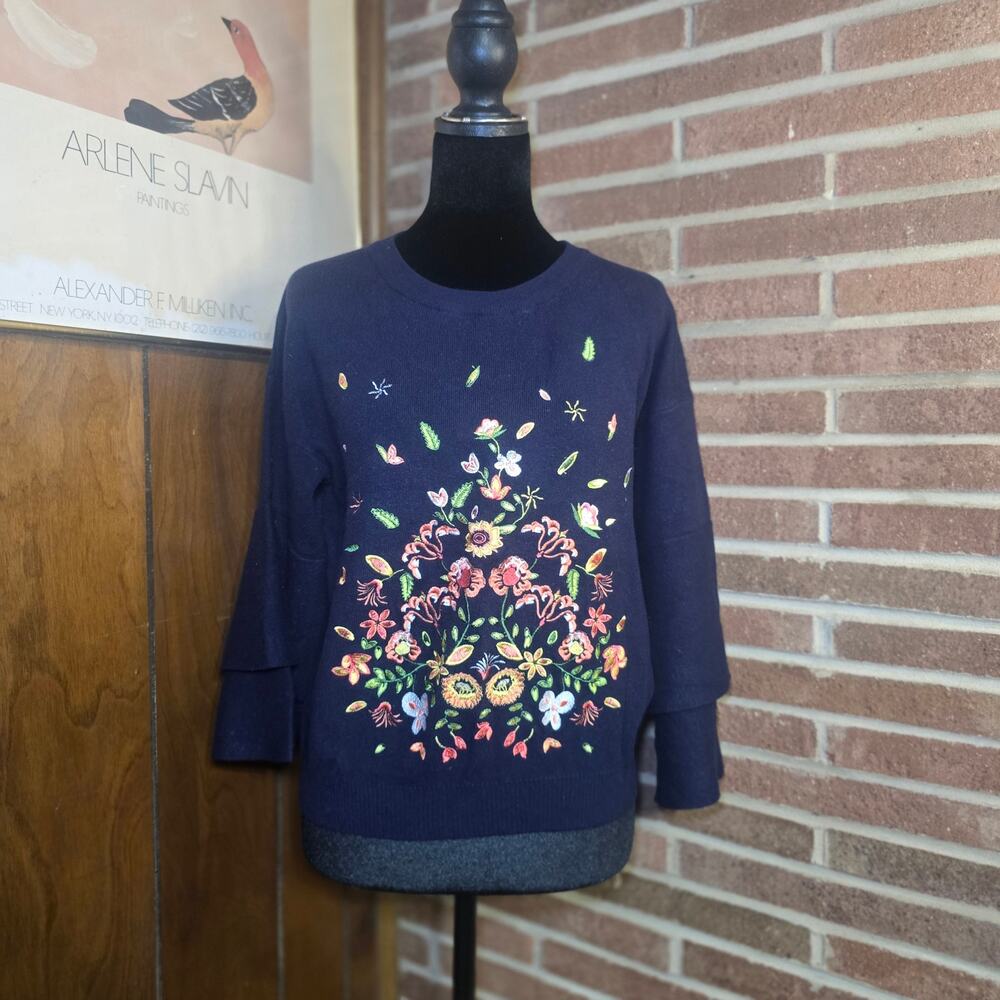 Blu Pepper Floral Embroidered Boho Navy Blue Knit Sweater Bell Sleeve Size L